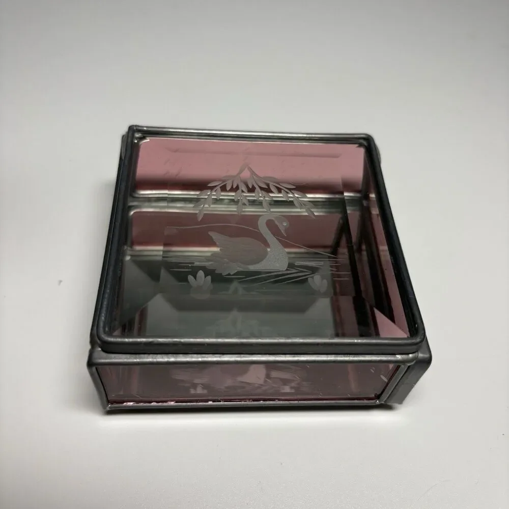 Vintage Beveled Glass Trinket Jewelry Box Etched Swan Mirrored Pink